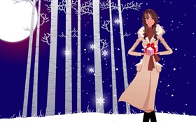 矢量插画，女孩，冬天，雪，树，礼物
