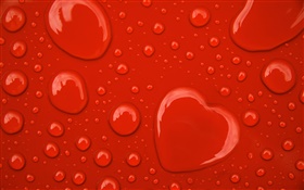 水滴，爱的心，红色背景 高清壁纸