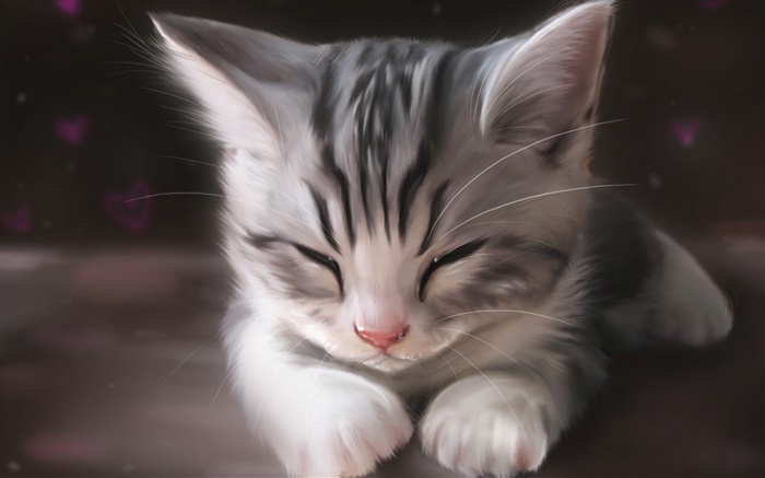 水彩画，可爱的小猫睡觉 壁纸 图片