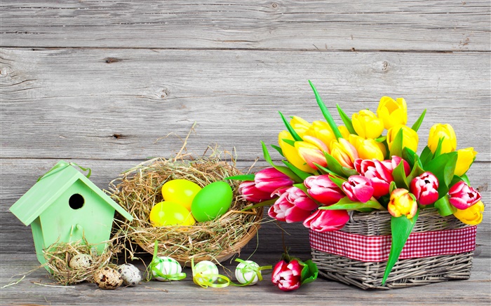 复活节，丰富多彩的蛋，郁金香花 壁纸 图片