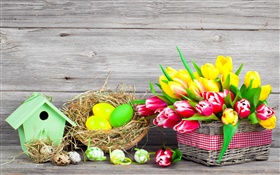 复活节，丰富多彩的蛋，郁金香花 高清壁纸