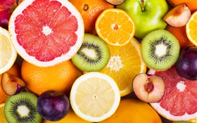 新鲜水果，浆果，柑橘，猕猴桃，柚子，苹果 高清壁纸