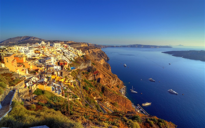 希腊，圣托里尼岛，海岸，海，船，海湾，房子 壁纸 图片