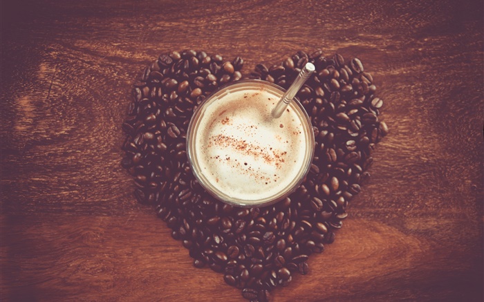 爱心脏咖啡豆，桌子，杯子，饮料 壁纸 图片