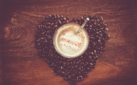 爱心脏咖啡豆，桌子，杯子，饮料 高清壁纸