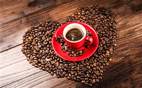 爱的心咖啡豆，谷物，红茶杯，茶托 高清壁纸