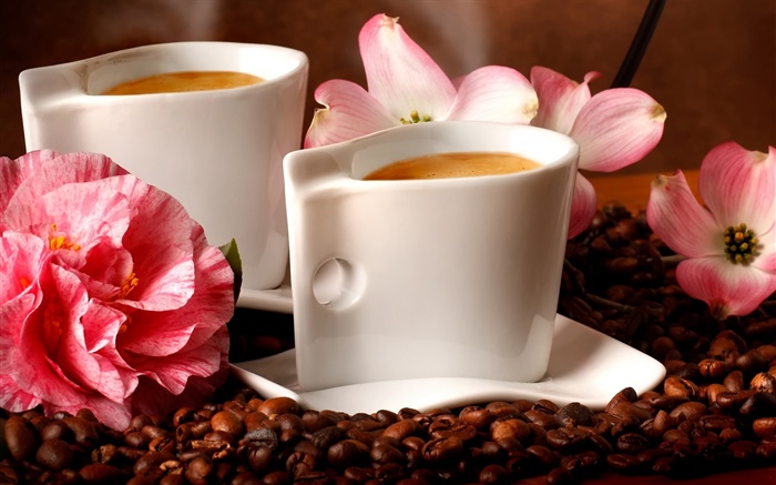 两杯咖啡，香气，咖啡豆，花 壁纸 图片