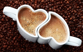 两杯咖啡，爱的心，泡沫，饮料 高清壁纸