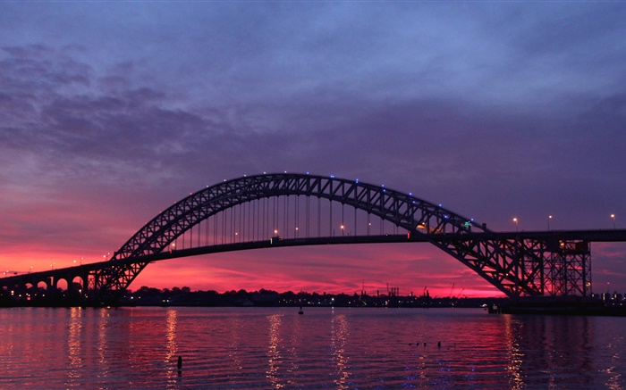 美国，新泽西，巴约讷桥，河，日落，黄昏 壁纸 图片