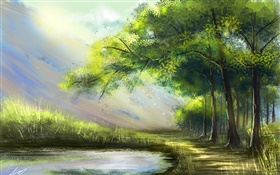 美丽的画，森林，湖泊，树木 高清壁纸