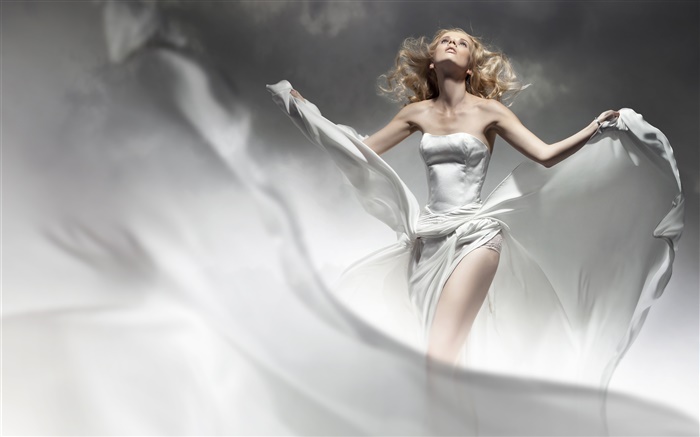 金发女孩，白色礼服，风，像天使 壁纸 图片