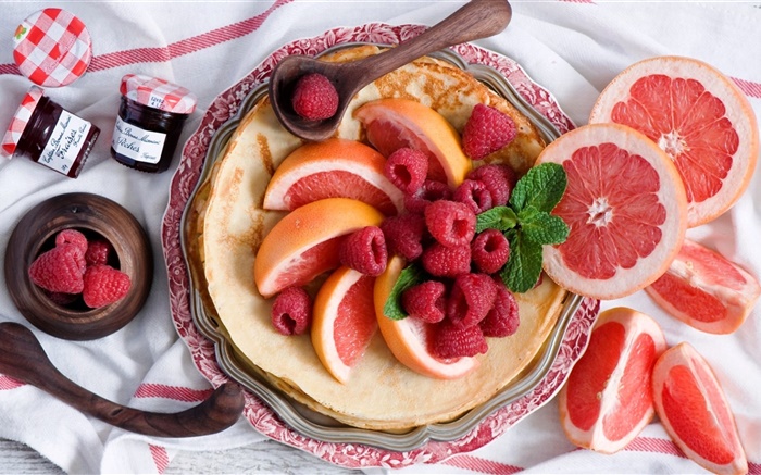 早餐，煎饼，柚子切片，红树莓 壁纸 图片