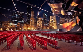 芝加哥，伊利诺伊州，美国，建筑，摩天大楼，椅子，晚上 高清壁纸