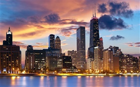 美国芝加哥，河，房子，晚上，灯 高清壁纸