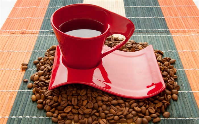 杯，咖啡豆，饮料，红色 壁纸 图片
