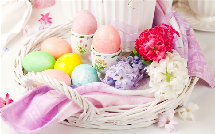 复活节彩蛋，鲜花，春天，装饰 壁纸 图片