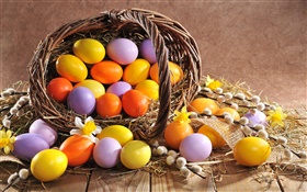 复活节，蛋，春天，柳条，篮子 高清壁纸