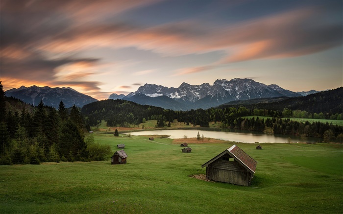 德国，巴伐利亚，阿尔卑斯山，山，房屋，树木，湖泊 壁纸 图片