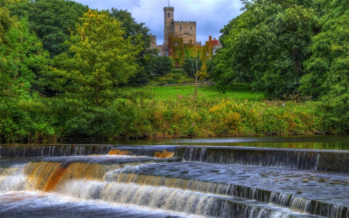 霍恩比城堡，英格兰，河流，溪流，树木 壁纸 图片