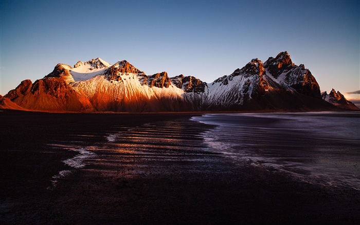 冰岛，Stokksnes，山，海，日落 壁纸 图片