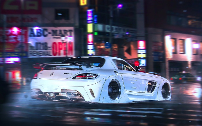 梅赛德斯 - 奔驰SLS AMG超级跑车飞行，高速，晚上 壁纸 图片