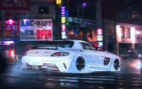 梅赛德斯 - 奔驰SLS AMG超级跑车飞行，高速，晚上