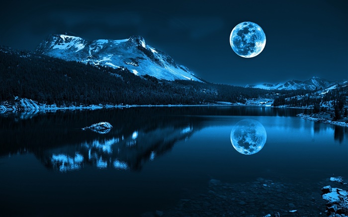 夜，月亮，湖，山，反射，石头 壁纸 图片