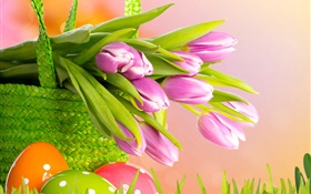 紫色的郁金香，花，篮，复活节，春天