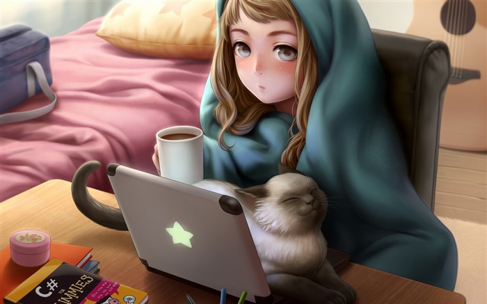 动漫女孩使用笔记本电脑，房间，猫，茶 壁纸 图片