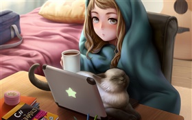动漫女孩使用笔记本电脑，房间，猫，茶 高清壁纸