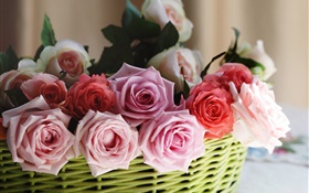 篮，玫瑰，粉红色，白色，红色的花朵 高清壁纸