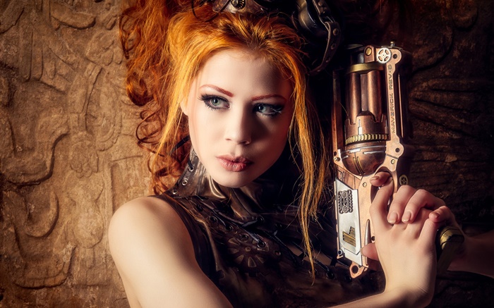 美丽的金发女孩，武器，蒸汽朋克风格 壁纸 图片