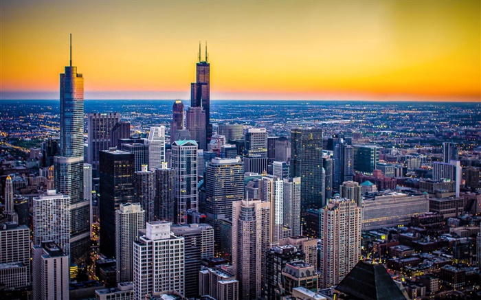 芝加哥，伊利诺伊州，美国，城市，黄昏，摩天大楼，日落 壁纸 图片