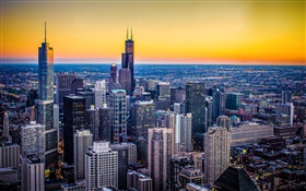 芝加哥，伊利诺伊州，美国，城市，黄昏，摩天大楼，日落