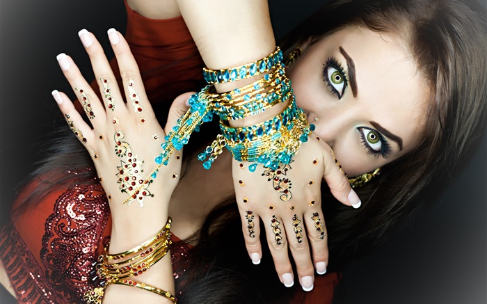 绿色的眼睛的女孩，化妆，手，珠宝，印度 壁纸 图片