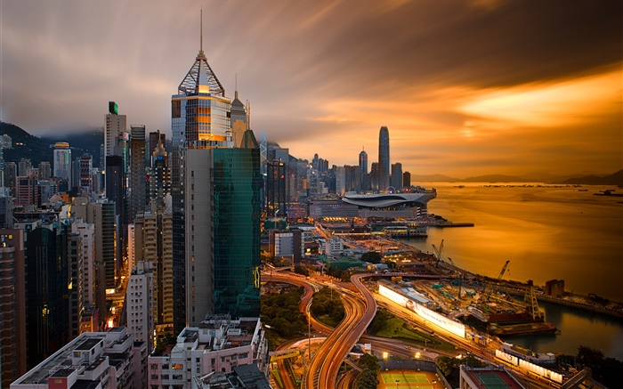 香港，中国，城市夜景，码头，天空，建筑物，夜 壁纸 图片