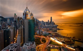 香港，中国，城市夜景，码头，天空，建筑物，夜