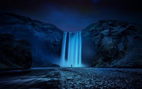 冰岛，山石，瀑布，晚上