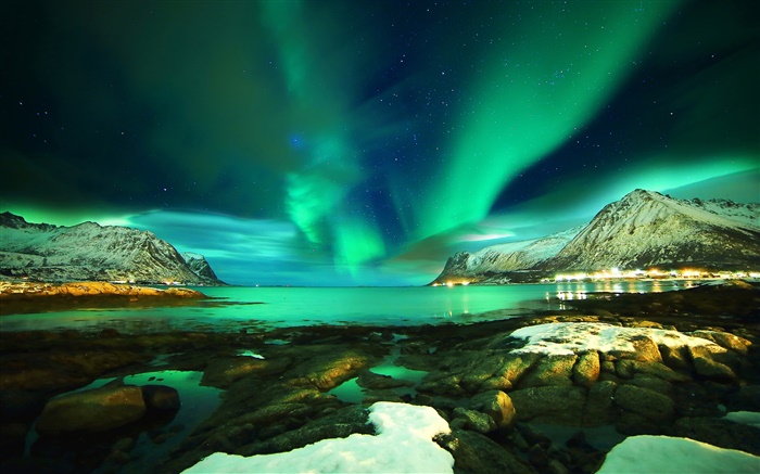 罗弗敦群岛，挪威，北极光，山，海，石头，晚上 壁纸 图片