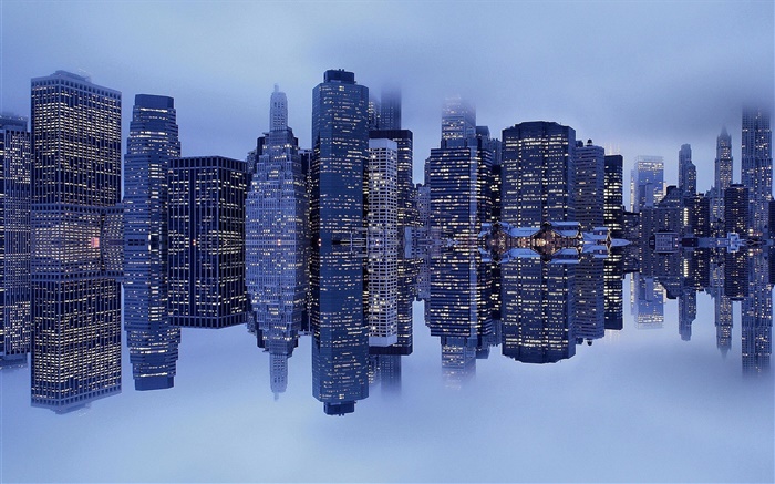 纽约，曼哈顿，美国，建筑物，雾，反射 壁纸 图片