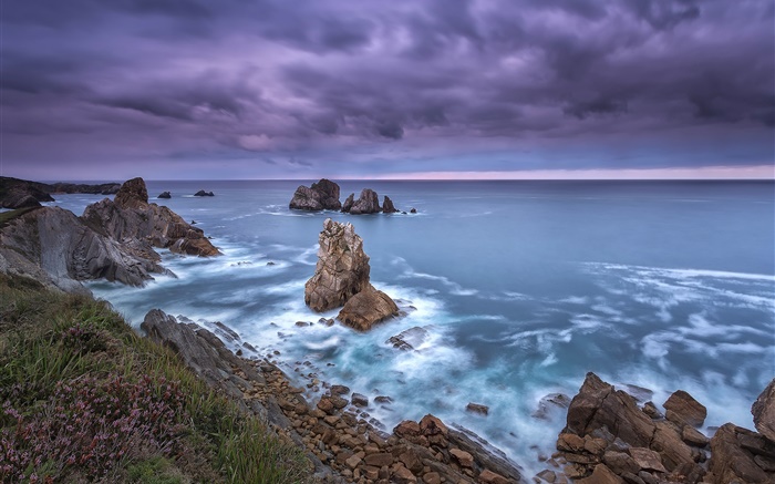 西班牙北部坎塔布里亚，海岸，海，怪石，云海，黄昏 壁纸 图片