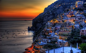 波西塔诺，意大利，美丽的夕阳，海，海岸，山，房屋，灯 高清壁纸
