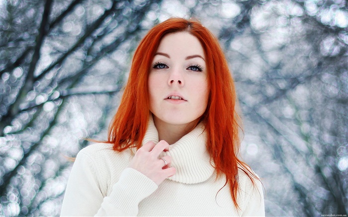 漂亮的女孩，红色的头发，冬天，雪 壁纸 图片