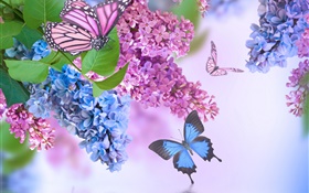 紫色的花，丁香花，蝴蝶 高清壁纸