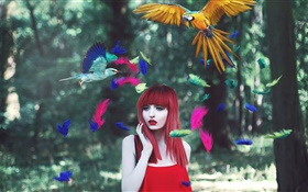 红发女孩，五颜六色的羽毛，鸟，创意图片 高清壁纸