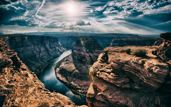 河，马蹄湾，美国亚利桑那州，峡谷，太阳，云 壁纸 图片
