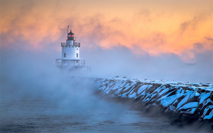 南波特兰，缅因州，灯塔，霜，黎明，雾 壁纸 图片