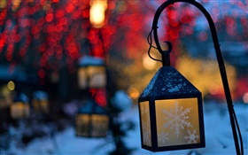冬季，灯笼，灯，晚上，雪花 高清壁纸