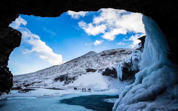 冬天，雪，冰，洞，山，云，蓝天 壁纸 图片