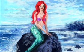 艺术幻想，美人鱼坐在石头上，微笑，红色的头发，尾